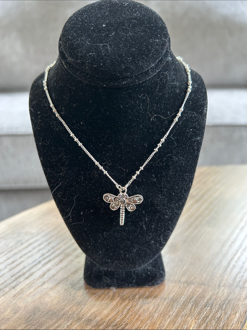 Silver Dragonfly Necklace with Rhinestones